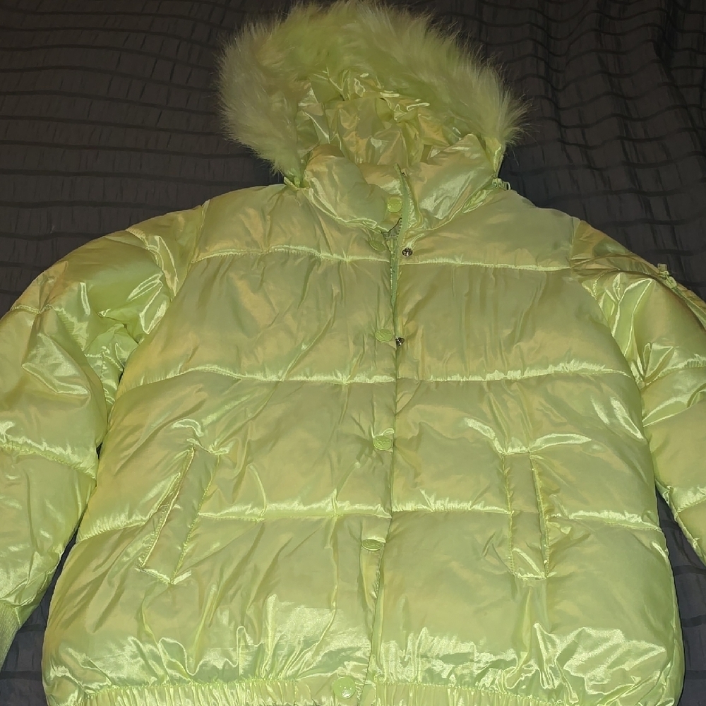 Lime Green Puffer Jacket with Faux Fur Hood